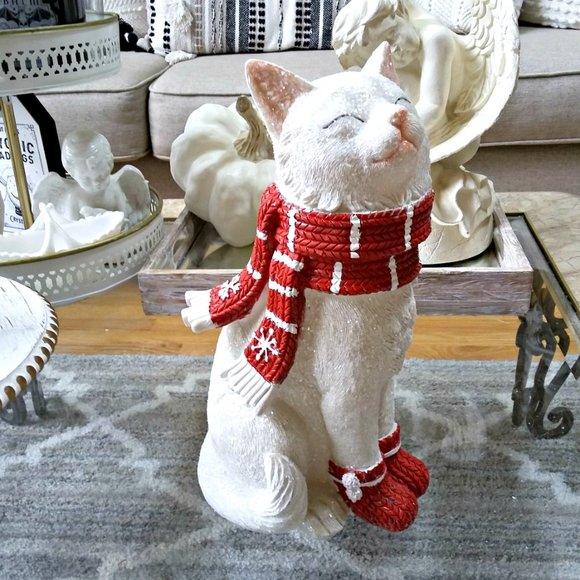 NEW! SHIMMERY Glitter WINTER CAT W/ SCARF DECOR STATUE - Picture 5 of 5